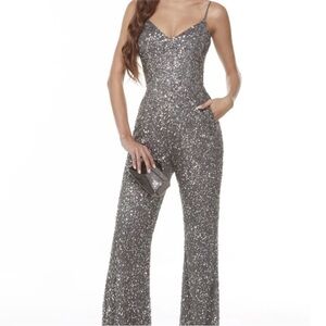 NEW ALYCE PARIS SZ 8 GUNMETAL SEQUIN JUMPSUIT WITH POCKETS